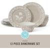 Martha Stewart Peony 12 Piece Porcelain Floral Chip and Scratch Resistant Dinnerware Set(Taupe)