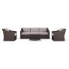 Martha Stewart Bedford 4-Piece Indoor-Outdoor Conversation Set with Sofa, 2 Accent Chairs, and Coffee Table in Brown Rattan Wicker with Tan All-Weather Cushions