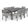 Martha Stewart Bedford 9 Piece Patio Set with 71″ Table and 8 Stackable Chairs with Gray Brushed Woodgrain Aluminum Finish, Gray All-Weather Seat Cushions