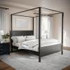Martha Stewart Hayes Canopy Platform Bed with Wood Headboard and Footboard, Solid Wood Frame, No Box Spring Needed, Queen Size, Dark Gray