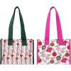 Martha Stewart Mini Market Tote Set of 2, Reusable and Water-Resistant Eco Holiday Totes, Shopping Bags with Long Shoulder Straps, Gift or Grocery Bag Set (Ornaments/Holiday Bow Stripe)