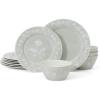 Martha Stewart Peony 12 Piece Porcelain Floral Chip and Scratch Resistant Dinnerware Set(Sage Green)