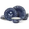 Martha Stewart Peony 12 Piece Porcelain Floral Chip and Scratch Resistant Dinnerware Set(Sky Blue)