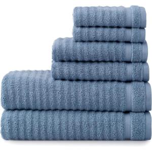MARTHA STEWART 100% Cotton Bath Towels Set Of 6 Piece, 2 Bath Towels, 2 Hand Towels, 2 Washcloths, Quick Dry Towels, Soft & Absorbent, Bathroom Essentials, Light Gray(Textured Blue)