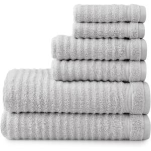 MARTHA STEWART 100% Cotton Bath Towels Set Of 6 Piece, 2 Bath Towels, 2 Hand Towels, 2 Washcloths, Quick Dry Towels, Soft & Absorbent, Bathroom Essentials, Light Gray(Textured Light Gray)
