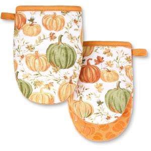 MARTHA STEWART Autumn Harvest Pumpkins Mini Oven Mitt 2-Pack Set, 100% Cotton with Decorative Non-Slip Silicone Grip, Heat Resistant, Orange/Green/Ivory, 5.5″X8″(Orange/Green/Ivory)