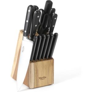 MARTHA STEWART Eastwalk 14 Piece High Carbon Stainless Steel Cutlery Kitchen Knife Block Set w/ABS Triple Riveted Forged Handle Acacia Wood Block – Linen White(Matte Black)