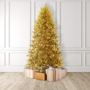 MARTHA STEWART Gold Tinsel Pre-Lit Artificial Christmas Tree, 7 Feet, Clear White Lights (BTIPI1)(Gold)