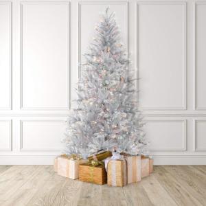 MARTHA STEWART Gold Tinsel Pre-Lit Artificial Christmas Tree, 7 Feet, Clear White Lights (BTIPI1)(Silver / Colored Lights)