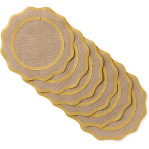MARTHA STEWART Hessian Textured Wedge Border Placemats 6-Pack Set, 100% Natural Jute & Burlap, Woven Scallop Border Placemat, Natural/Mustard Yellow, 15”x15” Round(Natural/Mustard Yellow)