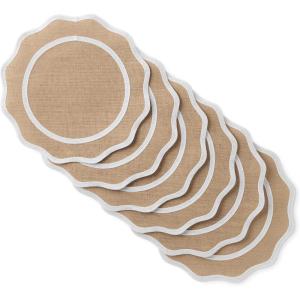 MARTHA STEWART Hessian Textured Wedge Border Placemats 6-Pack Set, 100% Natural Jute & Burlap, Woven Scallop Border Placemat, Natural/Mustard Yellow, 15”x15” Round(Natural/White)