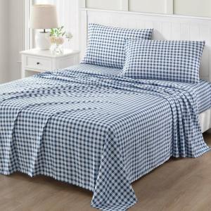 MARTHA STEWART Ultra Soft Brushed and Washed Microfiber 4 Piece Sheet Set, Easy Care, Comfy Bed Sheets with Deep Pocket, 1 Flat Sheet, 1 Fitted Sheet, 2 Std. Pillowcases, Queen Size, Navy Blue(Todd Checks Blue)