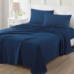 MARTHA STEWART Ultra Soft Brushed and Washed Microfiber 4 Piece Sheet Set, Easy Care, Comfy Bed Sheets with Deep Pocket, 1 Flat Sheet, 1 Fitted Sheet, 2 Std. Pillowcases, Queen Size, Navy Blue(Navy Peony)