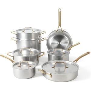 MARTHA STEWART Vintage 18/8 Triply Stainless Steel 12 Piece Cookware Set w/Gold Handles(Stainless Steel w/ Gold Handles)