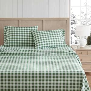 Martha Stewart – Full Size Sheets Set, Crisp & Tailored Cooling Sheets w/a Naturally Smooth Cotton Percale Lightweight Feel – Bed Sheets with Matching Pillowcases & Fitted Sheet (Stripe Blue)(Madison Gingham Green)