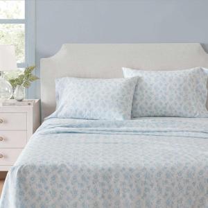 Martha Stewart – Full Size Sheets Set, Crisp & Tailored Cooling Sheets w/a Naturally Smooth Cotton Percale Lightweight Feel – Bed Sheets with Matching Pillowcases & Fitted Sheet (Stripe Blue)(Floral Blue)