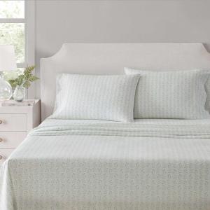 Martha Stewart – Full Size Sheets Set, Crisp & Tailored Cooling Sheets w/a Naturally Smooth Cotton Percale Lightweight Feel – Bed Sheets with Matching Pillowcases & Fitted Sheet (Stripe Blue)(Ditsy Vine Green)