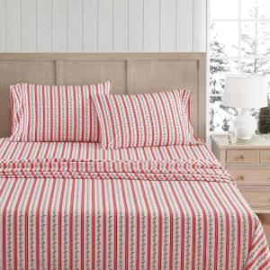 Martha Stewart – Full Size Sheets Set, Crisp & Tailored Cooling Sheets w/a Naturally Smooth Cotton Percale Lightweight Feel – Bed Sheets with Matching Pillowcases & Fitted Sheet (Stripe Blue)(Rose Ribbon Red)
