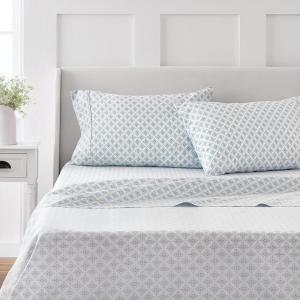 Martha Stewart – Full Size Sheets Set, Crisp & Tailored Cooling Sheets w/a Naturally Smooth Cotton Percale Lightweight Feel – Bed Sheets with Matching Pillowcases & Fitted Sheet (Stripe Blue)(Otto Geometric Light Blue)