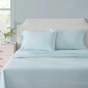 Martha Stewart – Full Size Sheets Set, Crisp & Tailored Cooling Sheets w/a Naturally Smooth Cotton Percale Lightweight Feel – Bed Sheets with Matching Pillowcases & Fitted Sheet (Stripe Blue)(Small Gingham Blue)