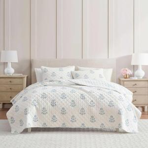 Martha Stewart – Queen Quilt Set, 100% Cotton Reversible Bedding Set, Incredibly Soft Feel for Year Round Comfort, 3 Piece Bed Set with Matching Pillowcases (Flower Block Print Blue)(Flower Block Blue)