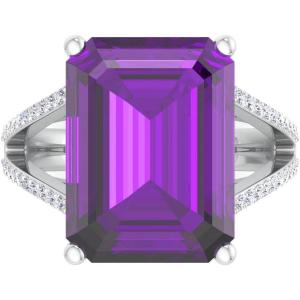 Martha Stewart 10 1/4 Carat Emerald Cut Gemstone Ring with Lab Grown Diamonds in Sterling Silver, Choose Your Gemstone(Amethyst)