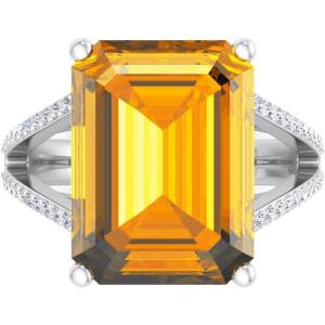Martha Stewart 10 1/4 Carat Emerald Cut Gemstone Ring with Lab Grown Diamonds in Sterling Silver, Choose Your Gemstone(Citrine)