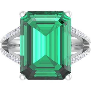 Martha Stewart 10 1/4 Carat Emerald Cut Gemstone Ring with Lab Grown Diamonds in Sterling Silver, Choose Your Gemstone(Emerald)