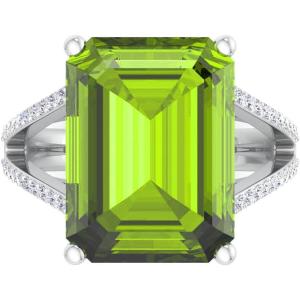 Martha Stewart 10 1/4 Carat Emerald Cut Gemstone Ring with Lab Grown Diamonds in Sterling Silver, Choose Your Gemstone(Peridot)