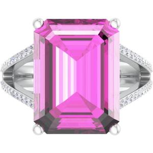 Martha Stewart 10 1/4 Carat Emerald Cut Gemstone Ring with Lab Grown Diamonds in Sterling Silver, Choose Your Gemstone(Pink Sapphire)