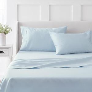 Martha Stewart 100% Cotton Queen Sheets Set – 4 Piece, Soft, Smooth, Durable, Easy Care, 16″ Deep Pocket Sheets, Bedding Sheets, Sateen Sheets, 1 Flat, 1 Fitted, 2 Pillowcases, Dorm Essential, Yellow(Light Blue)