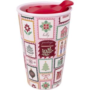 Martha Stewart 12 oz Ceramic Travel Mug with Plastic Lid, Festive Coffee Cup for Hot Drinks, Christmas Gift for Coffee & Tea Lovers (Holiday Stamps)