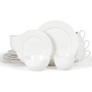Martha Stewart 16 Piece Basket Weave New Bone China Embossed Porcelain Chip and Scratch Resistant Dinnerware Set(White)