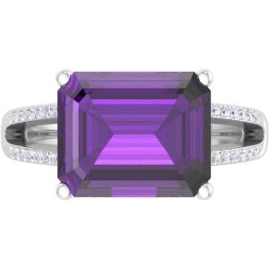 Martha Stewart 5 1/2 Carat Emerald Cut Gemstone Ring with Lab Grown Diamonds in Sterling Silver, Choose Your Gemstone(Amethyst)