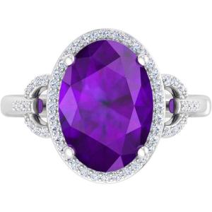 Martha Stewart 6 3/4 Carat Oval Shape Gemstone Halo Ring with Lab Grown Diamonds in Sterling Silver, Choose Your Gemstone(Amethyst)