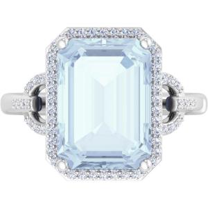 Martha Stewart 7 1/3 Carat Emerald Cut Gemstone Halo Ring with Lab Grown Diamonds in Sterling Silver, Choose Your Gemstone(Aquamarine)