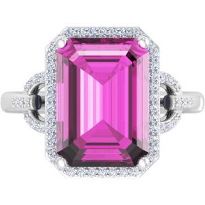 Martha Stewart 7 1/3 Carat Emerald Cut Gemstone Halo Ring with Lab Grown Diamonds in Sterling Silver, Choose Your Gemstone(Pink Sapphire)