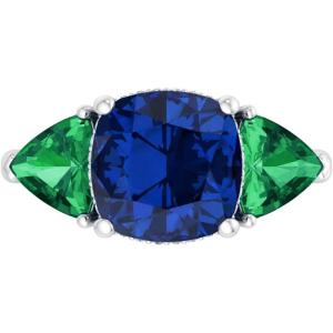 Martha Stewart 8 Carat Cushion Cut Gemstone Three Stone Ring with Lab Grown Diamonds in Sterling Silver, Choose Your Gemstone(Option 10)