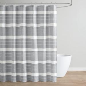 Martha Stewart Adrien Farmhouse Shower Curtain, Neutral Color Striped Design with Pleated Accent, Soft Woven Fabric Shower Curtain Boho Modern Bathroom Décor, Machine Washable 72″ x 72″, Denim(Charcoal)