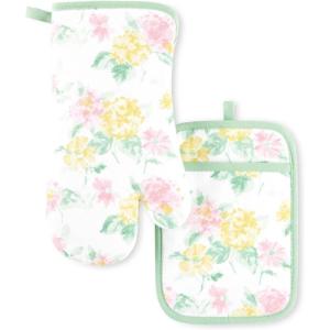Martha Stewart Amber Floral Oven Mitt & Pot Holder Set 2-Pack, Pink/Yellow, OM: 7″x13″ & PH: 7″x10″(Petal Pink)