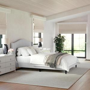 Martha Stewart Amelia Platform Bed with Curved Headboard and Cushioned Side Rails, Faux Linen Upholstery, Wood Slat Foundation, No Box Spring Needed, Queen, Beige(Gray Fabric/Black Legs)
