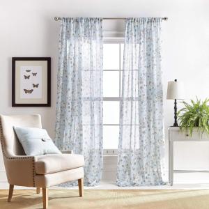 Martha Stewart Annabelle Floral Sheer Rod Pocket Single Curtain Panel, 84″, Linen(Aqua)
