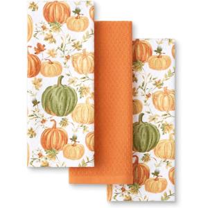 Martha Stewart Autumn Harvest Pumpkins Kitchen Towel 3-Pack Set, 100% Cotton with Absorbent Terrycloth, Decorative Kitchen Towels, Orange/Green/Ivory, 16″x28″(Orange/Green/Ivory)