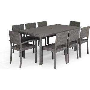 Martha Stewart Bedford 9-Piece Indoor-Outdoor Dining Set with 6 Stackable Chairs and 71″ Patio Table with Faux Wood Top and Rattan Wicker Finish in Gray(Grey)