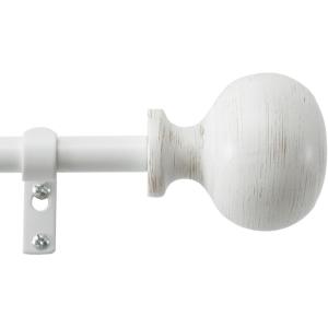 Martha Stewart Bergen Curtain Rod for Windows 66 to 120 inches, Adjustable Length .75 inch Diameter Metal Curtain Rod with Round Finials, 66” – 120”, White Washed Wood(White)