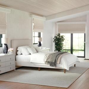 Martha Stewart Britta Platform Bed with Headboard & Footboard, Faux Linen Upholstery with Piping Detail, Rounded Headboard, No Box Spring Needed, Queen, Beige(Beige Fabric/Walnut Legs)