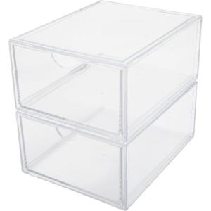 Martha Stewart Brody Desk Organizer with Drawer, Stackable Plastic Desk Storage Box, Organizer for Office, Bathroom, Countertop or Dorm, 12.75″ x 7.75″, Clear(6″ x 7.5″)
