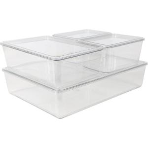 Martha Stewart Brody Plastic Storage Organizer Bins with Lids for Home Office, Kitchen, or Bathroom, 4 Pack, 2-Small/1-Medium, 1 Large, Clear/White(Set of 1)