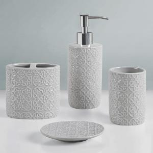 Martha Stewart Ceramic Bathroom Accessories Set, Vanity Decor Storage Organizer, Embossed Damask Medallion, Lotion/Soap Dispenser, Toothbrush Holder, Tumbler, Trinket Dish, Assorted Sizes White(Grey)
