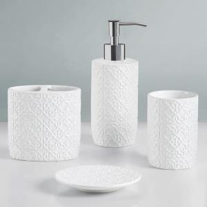Martha Stewart Ceramic Bathroom Accessories Set, Vanity Decor Storage Organizer, Embossed Damask Medallion, Lotion/Soap Dispenser, Toothbrush Holder, Tumbler, Trinket Dish, Assorted Sizes White(White)